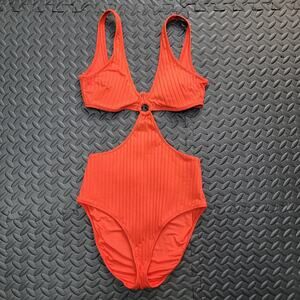 Aerie Ribbed Cutout One Piece Swimsuit Orange Coral Full Coverage Size M